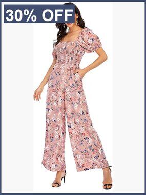 Floral Smocked Wide Leg Jumpsuit with Pockets – Women's Dressy Casual Romper